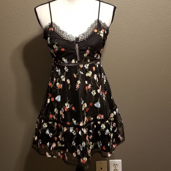 Jack by BB Dakota 2 Dress Mini Embroidered Floral Mesh Black Lined Whimsigoth - Picture 1 of 8